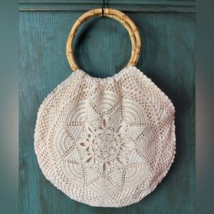 Handcrafted Crochet Lace Handbag w/ Bamboo Handle